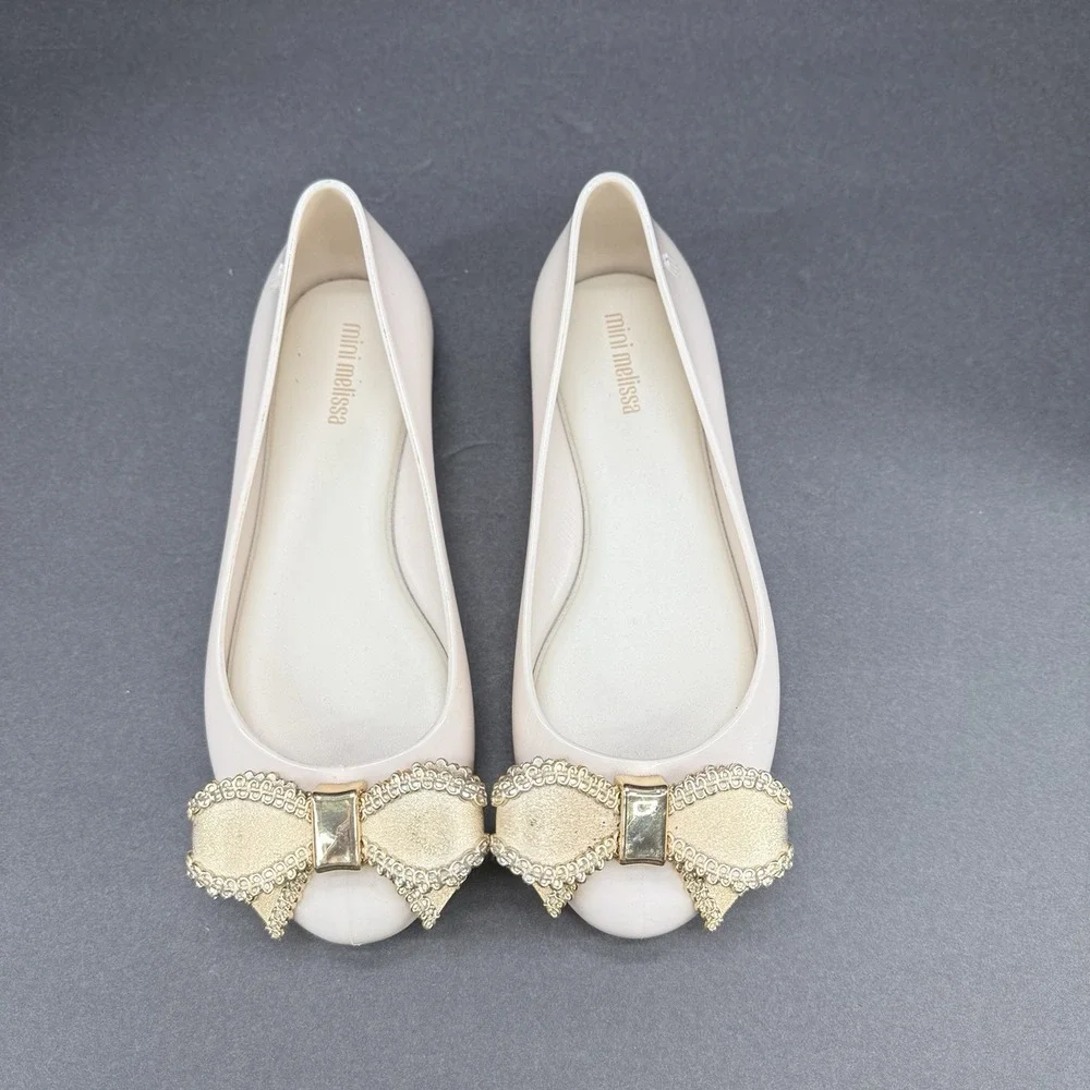 Mini Melissa Girls Mary Jane Jelly Shoes Cream Beige Glitter Bow Size 3